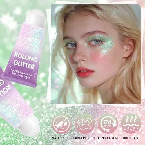 Pastel Rolling Glitter, Shimmer Gel for Face Body & Hair, Sparkling Holographic Roll-on Sequins for Singer Concert Rave Festival Halloween Party Carnival, 1.7 fl.oz