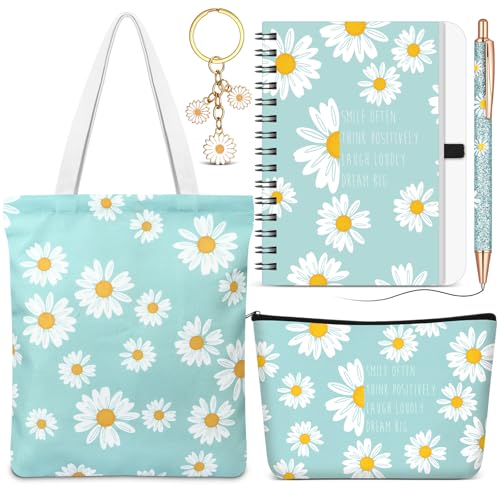 5 Pcs Daisy Gifts Set for Women Daisy Flower Themed Tote Bag Cosmetic Bag Keychain Pen Notebook Encouragement Inspirational Positive Vibes Gift for Women Friendship Birthday Christmas