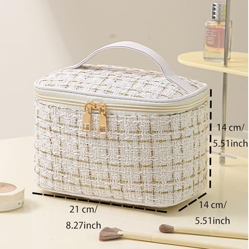 Tweed Cosmetic Travel Bag Large Capacity Makeup Case White