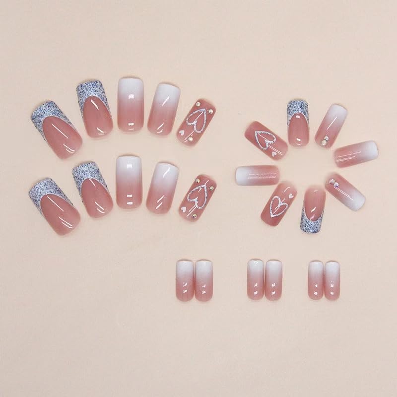 Magrace Press on Nails Medium Nude Fake Nails French Tips Full Cover Square False Nails with Designs 24 Pcs Stick on Nails for Women and Girls