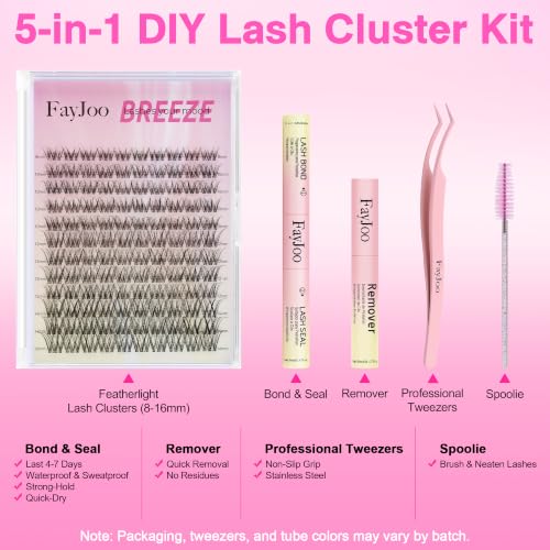 FayJoo Natural Wispy Lash Clusters Kit, C Curl, 8-16mm, DIY Eyelash Extensions