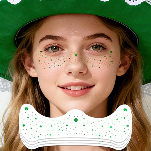 Green Glitter Shamrock Temporary Tattoos - 8 Sheets Waterproof Face Stickers