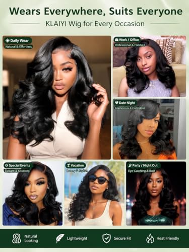 KLAIYI 20 Inch Loose Body Wave Glueless Lace Front Wig - 180% Density with Face Framing Bangs