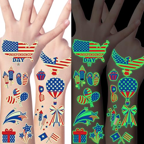 106 Glow in the Dark 4th of July Tattoos, Patriotic Temporary Tattoo Stickers