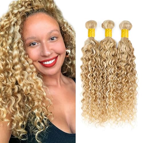 WuvuSnm 613 Blonde Water Wave Human Hair Bundles 16-20 Inch Two Tone #27/613WT