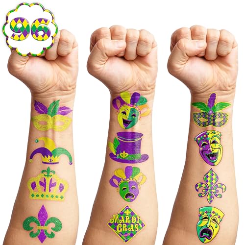 96 PCS Holiday Fat Tuesday Temporary Tattoos Birthday Theme Party Supplies Decorations Favors Decor Cute Mask Crown Tattoo Stickers for Class School Prizes Gift for Kids Boys Girls Carnival Holiday