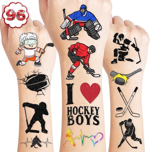 96PCS Ice Hockey Temporary Tattoos - Sport-Themed Birthday Party Supplies, Cute Decorations, Party Favors, Gifts for Boys & Girls, Classroom Prizes, Winter Ideas