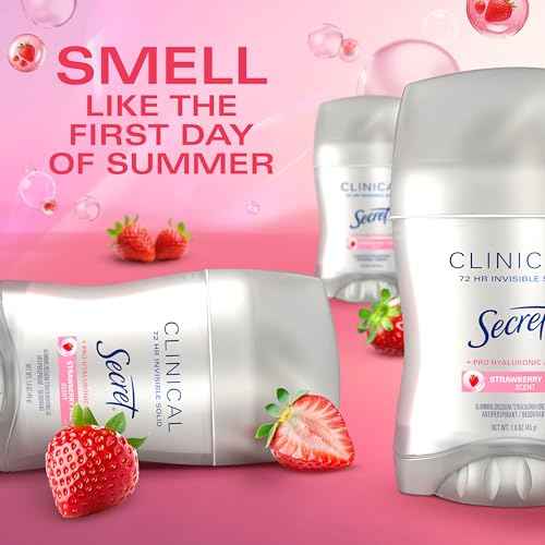 Secret Clinical Strength Antiperspirant Deodorant for Women, 3X Stress Protection, 72hr Sweat & Odor Protection, Pro-Hyaluronic Acid, Invisible Solid, Strawberry Summer Fizz Scent, 1.6 oz