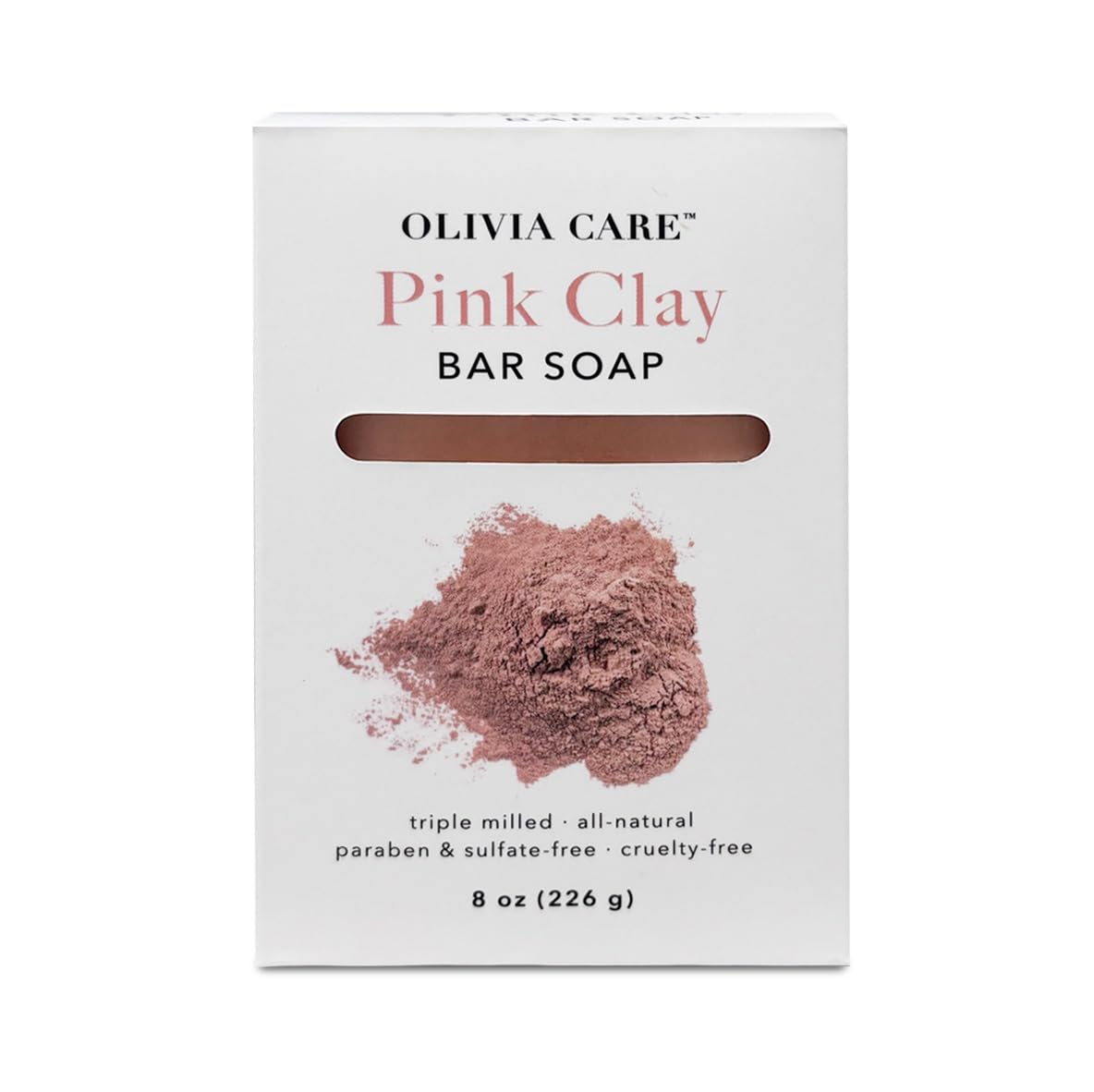 Olivia Care Pink Clay Bar Soap 100% Natural, Vegan & Organic - For Face & Body -Detoxify, Exfoliate, Hydrate, Moisturize & Deep Clean - Leave Skin Soft & Silky - Sustainable Palm Oil - 8 OZ