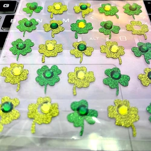 50pcs St. Patrick's Day Face Jewelry Green Shamrock Rhinestones Face Tattoo Sticker for Women and kids 3D self-adhesive Green Face Gems for Face Nail Makeup Decoration