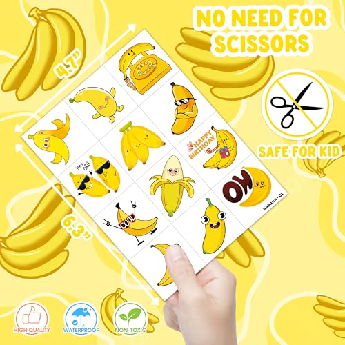 96PCS Banana Pre-Cut Temporary Tattoos for Kids | Super Cute Themed Birthday Party Favors, Supplies, Decorations, Cute Funny Fruit Fake Tattoo Stickers, School Rewards Prizes & Gifts for Boys & Girls