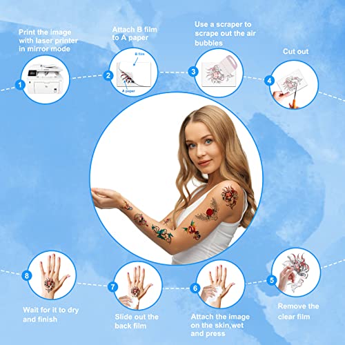 Printable Temporary Tattoo Paper for Laser Printer, 8.5x11 (10 Sheets)
