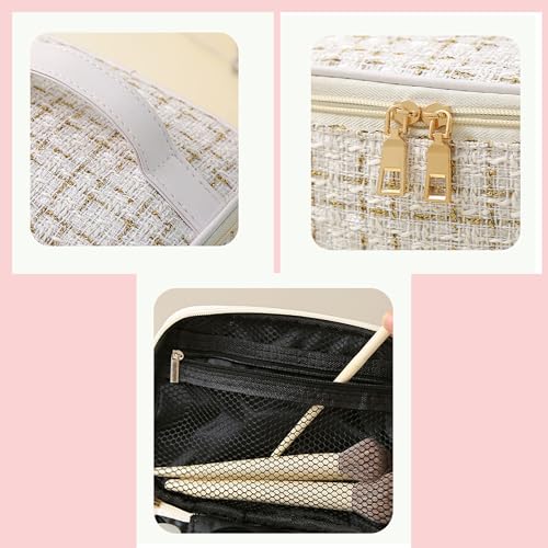 Tweed Cosmetic Travel Bag Large Capacity Makeup Case White
