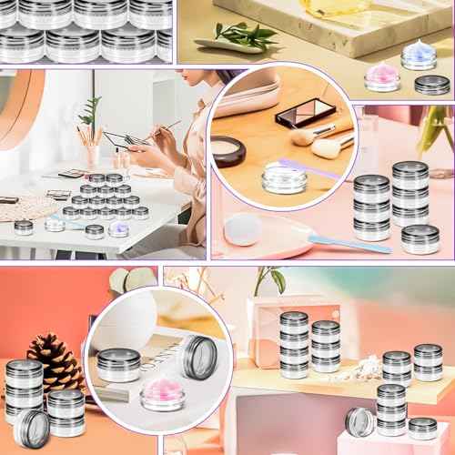 MotBach 100 Pack 3g Plastic Jars with Lids, 3ml Round Clear Cosmetic Containers Makeup Jars, 3 Gram Travel Size Container Jar with Spatulas for Sample Lotion Cream Eyeshadow Ointment Salve Balm Powder