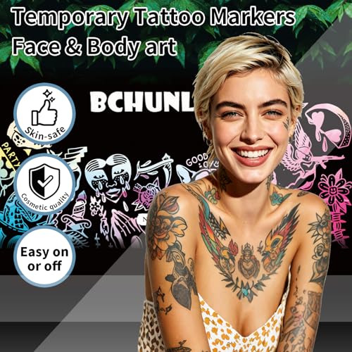 18 Colors Temporary Tattoo Markers with 96 Stencils