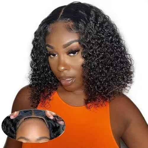 Wear And Go Glueless Wigs Human Hair Pre Plucked Pre Cut Short Curly Human Hair Wigs For Black Women 180% Density Water Wave Lace Front Wigs 4x4 Lace Closure Wig 12 Inch Natural Black
