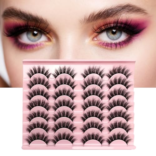 False Mink Lashes Fluffy Eyelashes Natural LookWispy Lash Curl Strips Eyelash 14 Pairs Reusable False Lashes (Black)