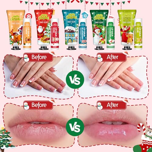 VESPRO 50 Pack Christmas Hand Cream and Lip Balm Gift Set, Bulk Christmas Gifts with Christmas Cards and Organza Bag, Christmas Decorations, Party Favors and Stocking Stuffers for Women