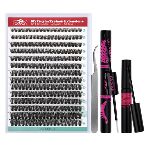 FADVAN DIY Lash Extension Kit 60D Volume Lash Clusters Kit with Lash Bond and Seal 280 pcs Thick Individual Lashes 8-16 mm D Mink Lashes Cluster, Lash Cluster Remover and Tweezers