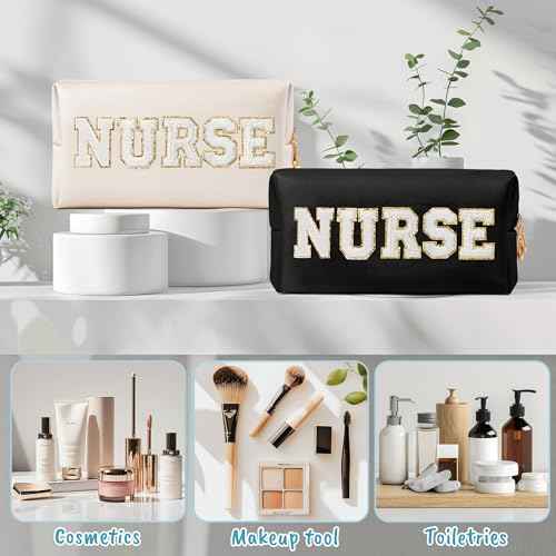 CY2SIDE NURSE Letter Makeup Bag - White Chenille Letter Patch Cosmetic Bag Black PU Leather Patch Travel Pouch Waterproof Portable Zipper Travel Organizer Case Christmas Gifts for Nurse Women