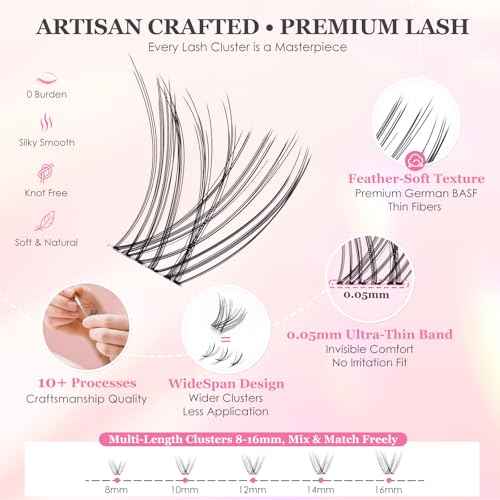 Natural Wispy Soft Lash Clusters Kit with 0.05mm Invisible Band, C Curl 8-16mm, DIY Salon Eyelash Extensions with Bond Seal Remover Tweezer, FayJoo AIRY 11 Kit