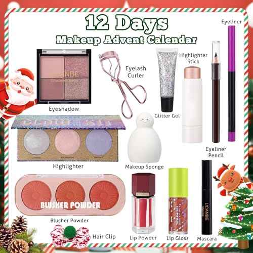 UCANBE Makeup Advent Calendar 2024, 12 Days Christmas Countdown Calendar Surprise Gift Kit, Xmas Holiday Festival Cosmetic Starter Makeup Set with 12 Beauty Boxes for Women Teens Girls
