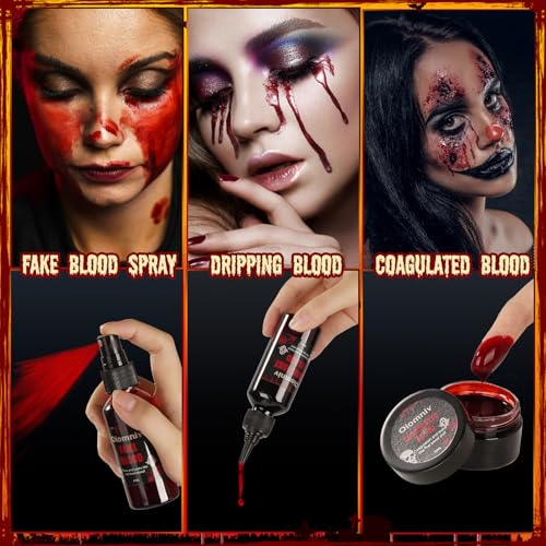 Oiomniv 5PCS Fake Blood Kit, 2.03oz Fake Blood Spray 2.03oz Dripping Blood 1.01oz Coagulated Blood Gel, Realistic Halloween SFX Makeup Washable for Zombie Vampire Cosplay Costume