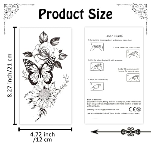 Cerlaza Flower Temporary Tattoos for Women, 10 Sheets