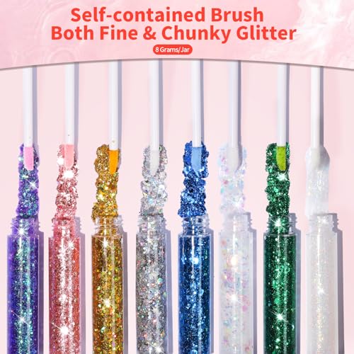 Body Glitter Kit - 8 Colors 8ml Tubes with Brush for Face Hair
