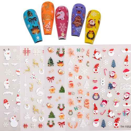 Christmas Nail Art Stickers, 3D Self-Adhesive Decals with Snowman, Snowflake, Elk, Santa Design for Gel Nails, 5 Pieces (Christmas)