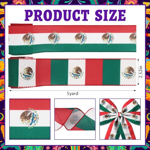 Glodecart Mexican Flag Wired Ribbon for Gift Wrapping & Party Decorations - Style8, 2.5" x 10 Yards