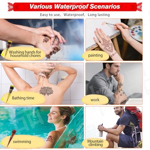7PCS Tattoo Cones Temporary Tattoo Kit,4Color(2*Brown,2*Maroon,2*Cherry Red &1*Black) Ink with Large Designs Stencils,Separate Bottle with 4 Bottle Mouths,DIY Body Art Painting for Women Men Kids
