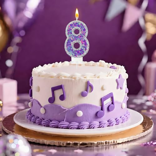 Number 8 Birthday Candle - Purple & Silver Glitter Cake Topper