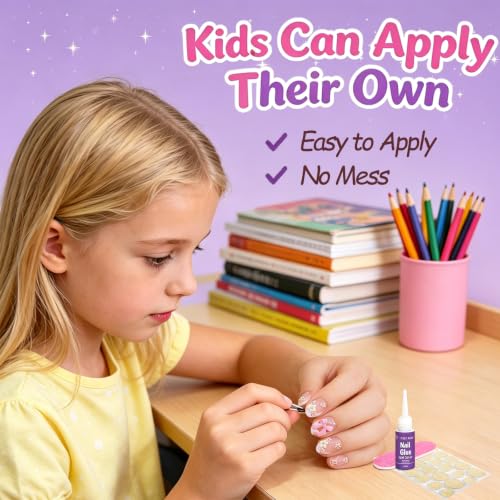 PGELXON 24Pcs Kids Press on Nails with French Tip Ballet Bow & Flower Design