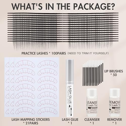 100 Pairs Practice Lashes Kit for Eyelash Extensions Training Strips Training Lashes for Lash Mannequin Head Lash Extension Supplies Beginner Friendly
