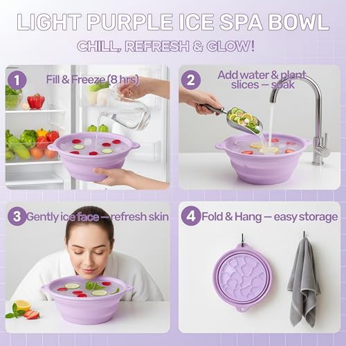 Face Bowl for Ice Facial Care, Skin Care Bowl with Built-In Ice Tray, Thickened Food-Grade Silicone, Hot/Cold Resistant, Durable and Foldable for Travel & Home-Spa Skincare Fans (Light Purple)