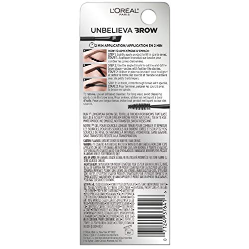 L'Oreal Paris Unbelieva-Brow Longwear Waterproof Tinted Brow Gel, Smudge-resistant, Transfer- Proof, Quick Drying, Easy and quick application with precise brush, Dark Brunette, 0.15 fl. oz.