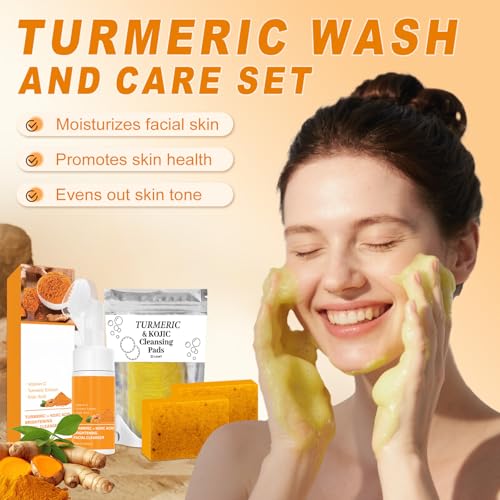 Turmeric Wash and Care Set, 3-Piece Turmeric Skincare Set:Turmeric Facial Wash with Brush,Cleansing Pad,Soap bar, Deep Cleansing for Face & Body