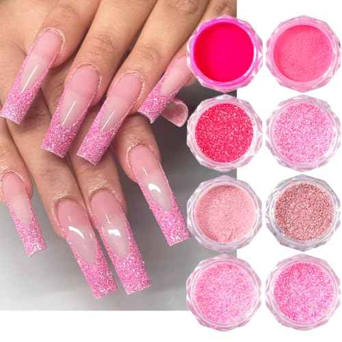 Pink Nail Glitter Powder, 12pcs Nail Art Sequins Dust Set, Holographic Paillette Sparkle Flakes for Acrylic Tips Manicure Decorations