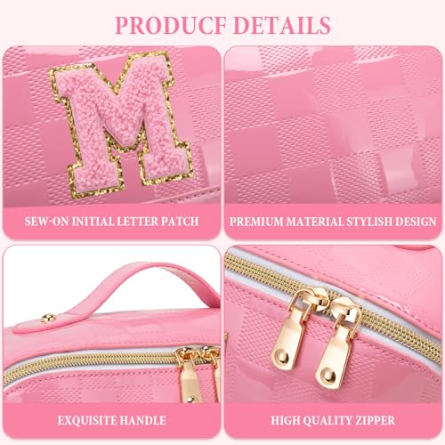Initial Makeup Bag Large Capacity Travel Cosmetic Bag for Women PU Leather Open Flat Toiletry Bag with Handle and Divider Personalized Gifts for Women (Pink M)
