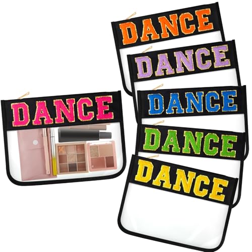 Aliceset 6 Pcs Dance Chenille Letter Preppy Patch Makeup Snack Bags,Gift for Women Waterproof PVC Cosmetic Organizer Storage,Flat Clear Portable Toiletry Zipper Pouch(Black)