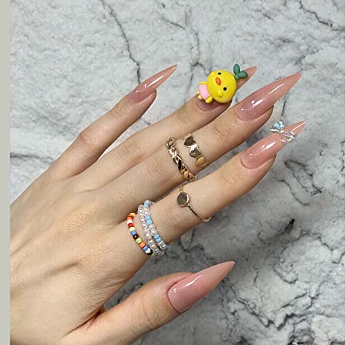 Redykat 24PCS Handmade Stiletto Super Glossy Press On Nails, Bowknot Nude Salon Quality Nail Art, Extra Long Acrylic False Nails, Fake Nails, Home Quick Manicure (3D cute duck)