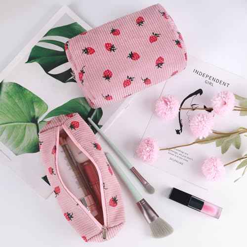 3 Pcs Makeup Bag Cosmetic Bag Set for Girls Women Travel Organizer Bathroom Toiletry Pouch Large Capacity Storage Bag (Strawberry Pink)