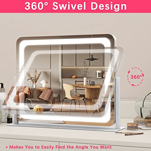 ROLOVE 22x17 Inch Lighted Vanity Mirror with Dimmable LED Lights - 3 Color Modes, Smart Touch Control & 360¡Æ Rotating Base - Desk Makeup Mirror (White)