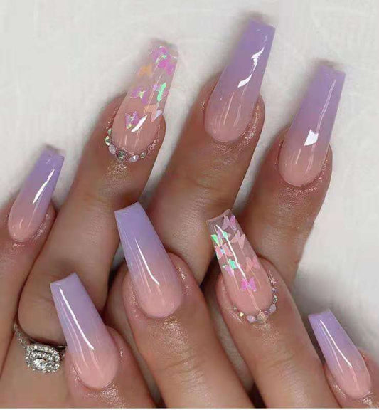 DOUBNINE Press On Nails Long Coffin Pink Purple Butterfly Gradient Ombre Glossry Acrylic False Nails with Glue Ballerina Luxury Full Cover Stick On Nails for Women