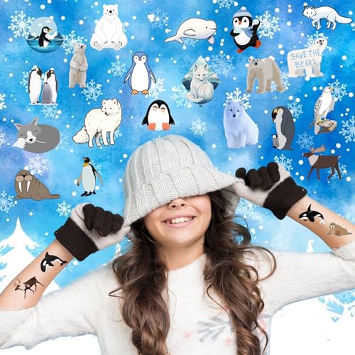 96 Arctic Animal Temporary Tattoos for Kids - Polar Bear, Penguin Designs