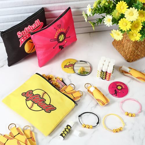 60 Pcs Softball Team Gifts for Girls Include 12 Softball Makeup Bags 12 Lip Balm 12 Makeup Mirrors 12 Lipstick Holder Keychains 12 Adjustable Bracelet for Sports Lovers