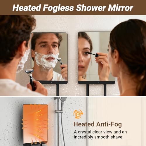 Heated Fogless Shower Mirror for Shaving, 5000mAh Long-Lasting Anti-Fog Shower Mirror with 360¡Æ Rotating Design & Razor Holder, Fog-Free Shaving Mirror for Men (Black)