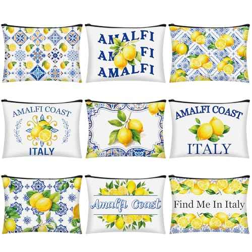 9 Pcs Amalfi Coast Cosmetic Bag Italy Lemons Canvas Makeup Bags Romantic Lemon Themed Travel Pouch Souvenir Gift for Women Girls Bachelorette Friend Birthday