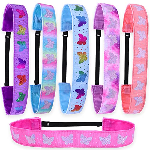 FROG SAC 6 Butterfly Headbands for Girls, Adjustable No Slip Glitter Hair Bands for Kids, Cute Little Girl Sports Head Bands, Sparkly Soccer Gymnastics Headband, Sparkle Hair Accessories